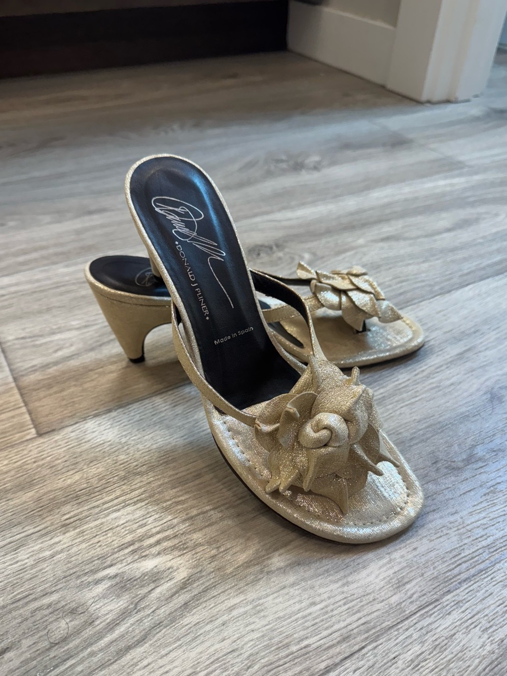 Donald J. Pliner Gold Floral Leather Slide Sandals